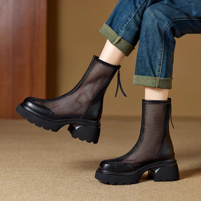 Women's Mesh Platform Chunky Heel Boots