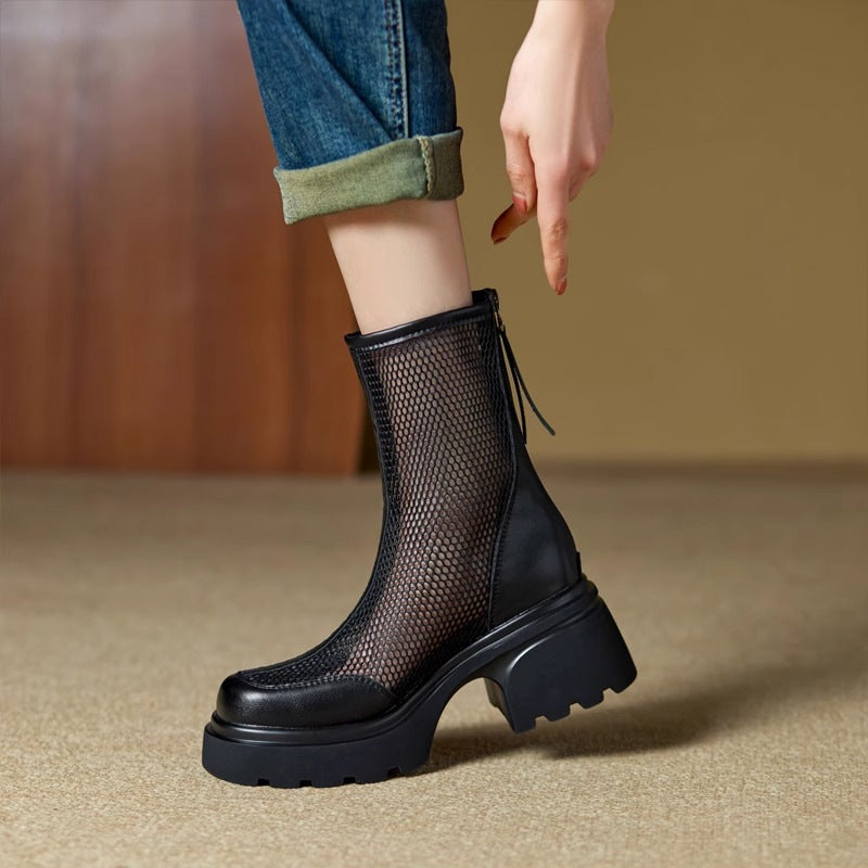 Women's Mesh Platform Chunky Heel Boots
